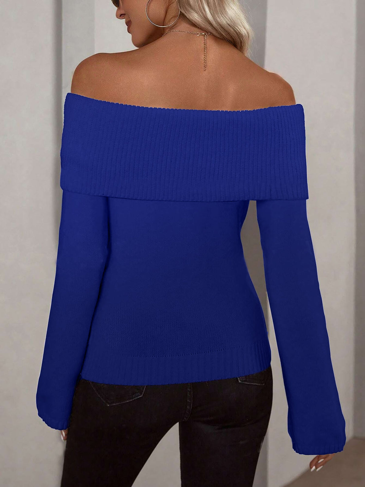Solid Color Off Shoulder Long Sleeves Knitted Sweater