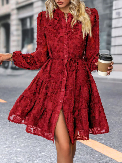 Long Sleeves Textured Button Down Tiered Shirt Dress