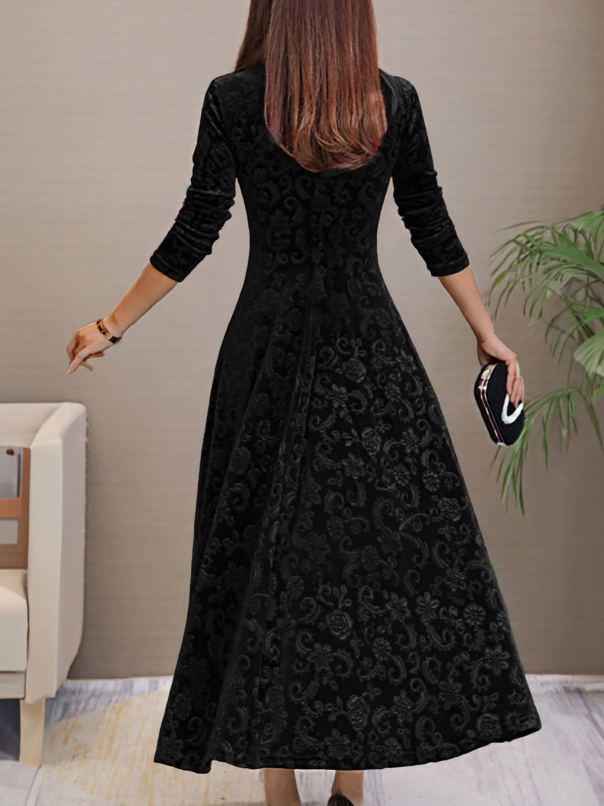 Elegant Vintage Velvet Floral V Neck Long Sleeves Maxi Dress