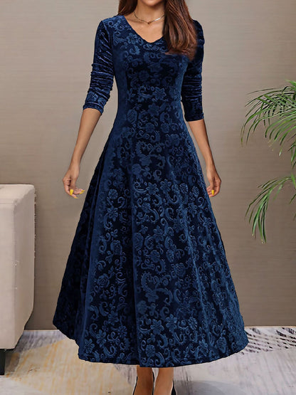 Elegant Vintage Velvet Floral V Neck Long Sleeves Maxi Dress