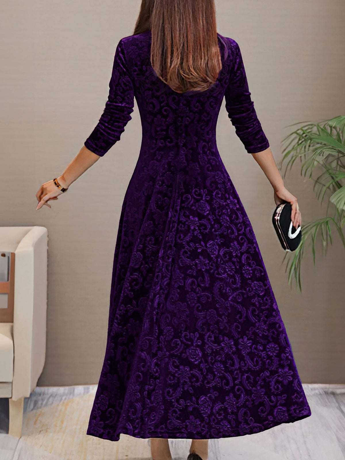 Elegant Vintage Velvet Floral V Neck Long Sleeves Maxi Dress
