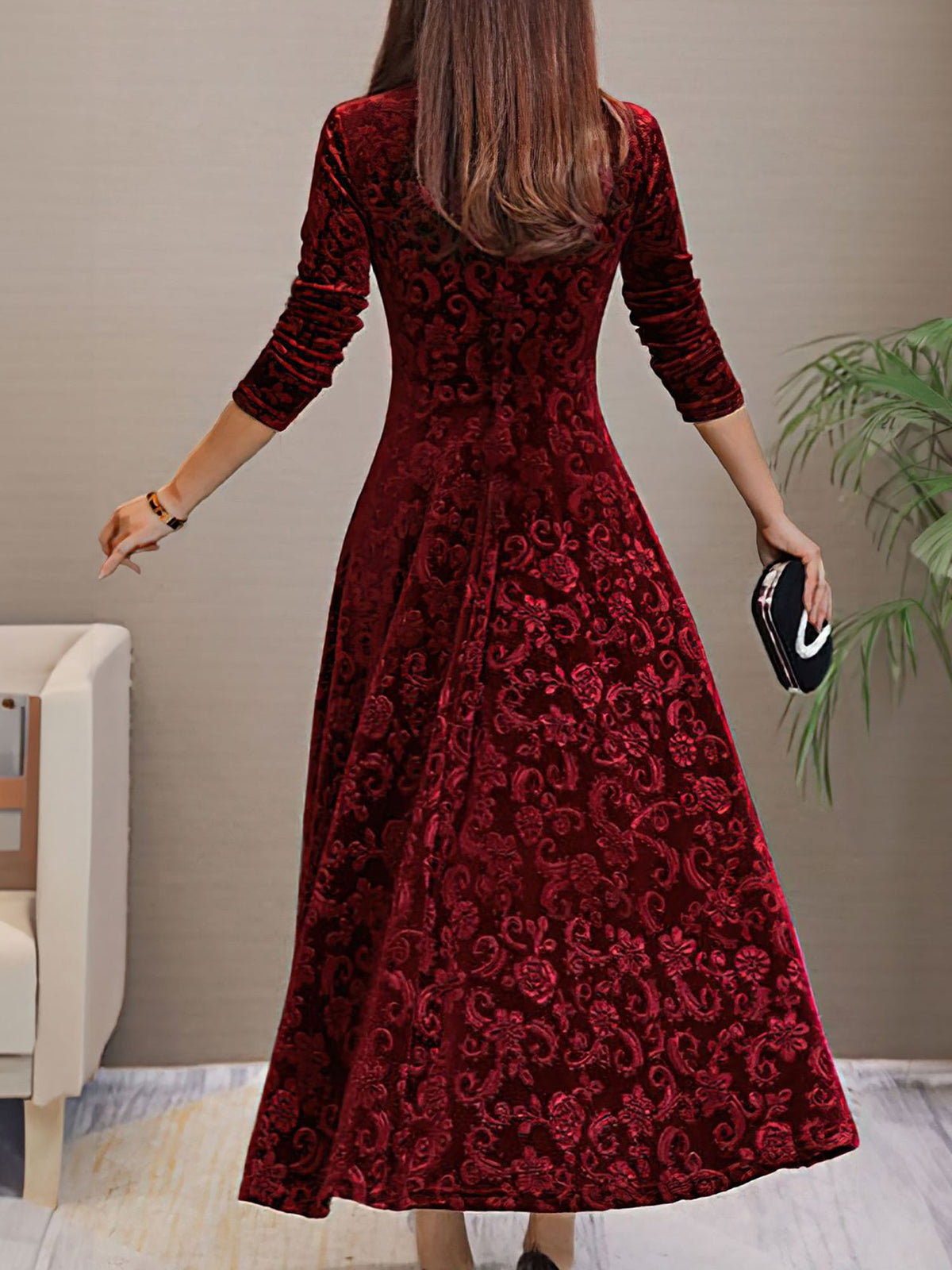 Elegant Vintage Velvet Floral V Neck Long Sleeves Maxi Dress