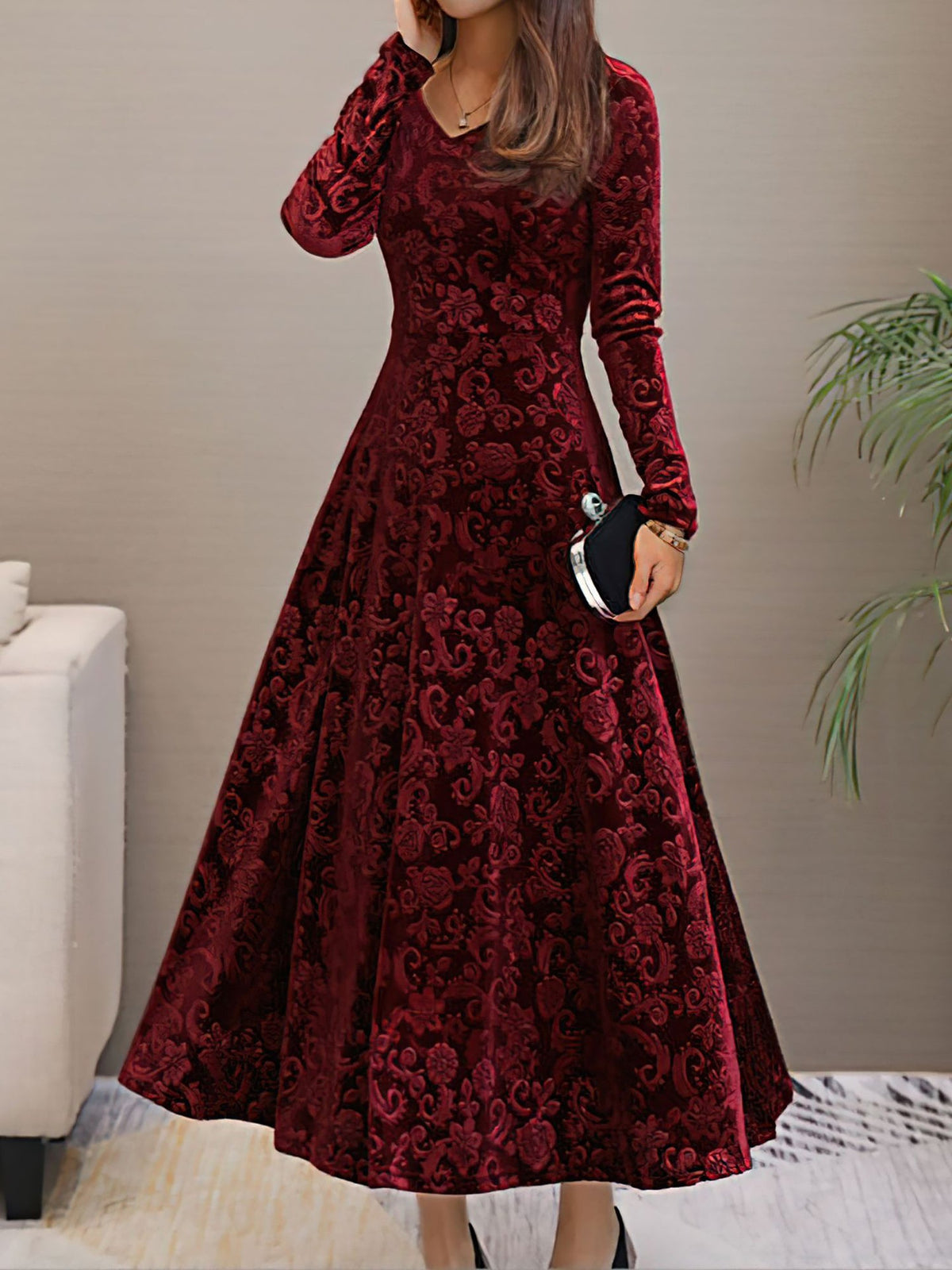 Elegant Vintage Velvet Floral V Neck Long Sleeves Maxi Dress