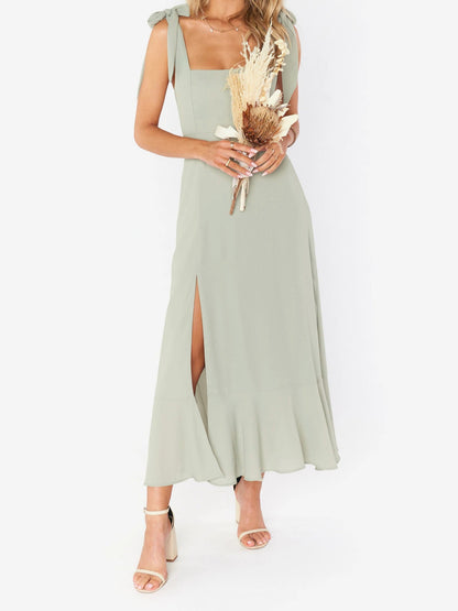 Bow Lace-Up Belted Slit Ruffled Sleeveless Midi Dress