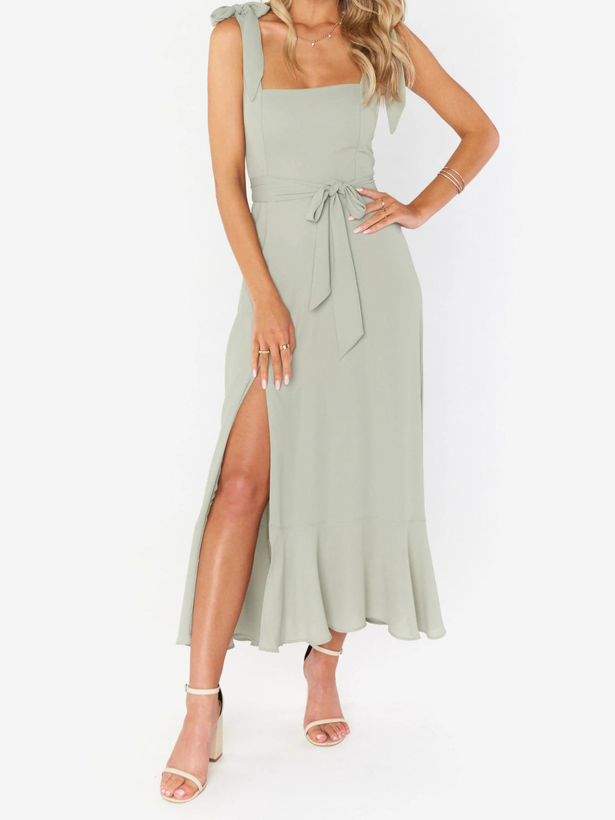 Bow Lace-Up Belted Slit Ruffled Sleeveless Midi Dress