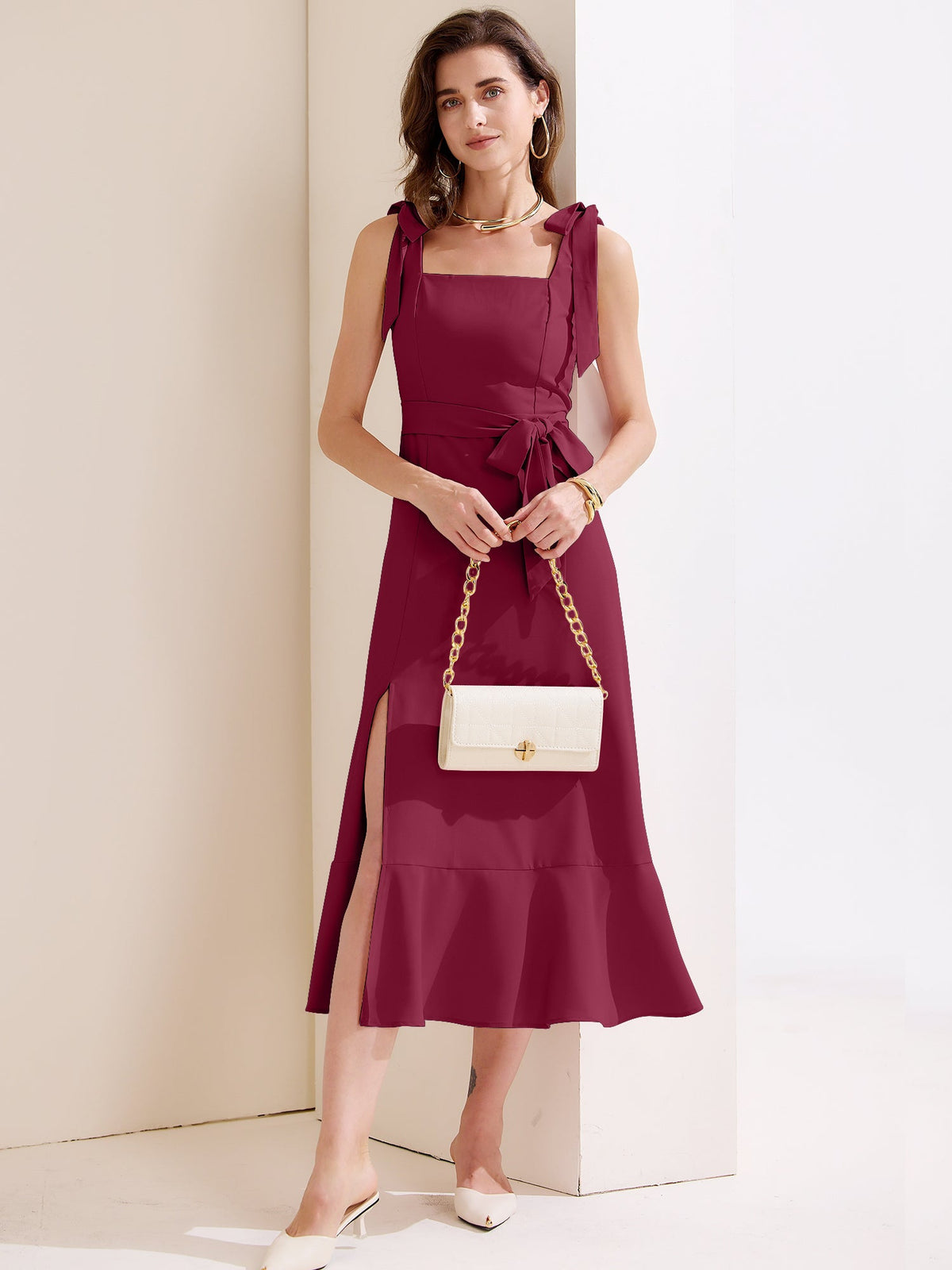 Bow Lace-Up Belted Slit Ruffled Sleeveless Midi Dress