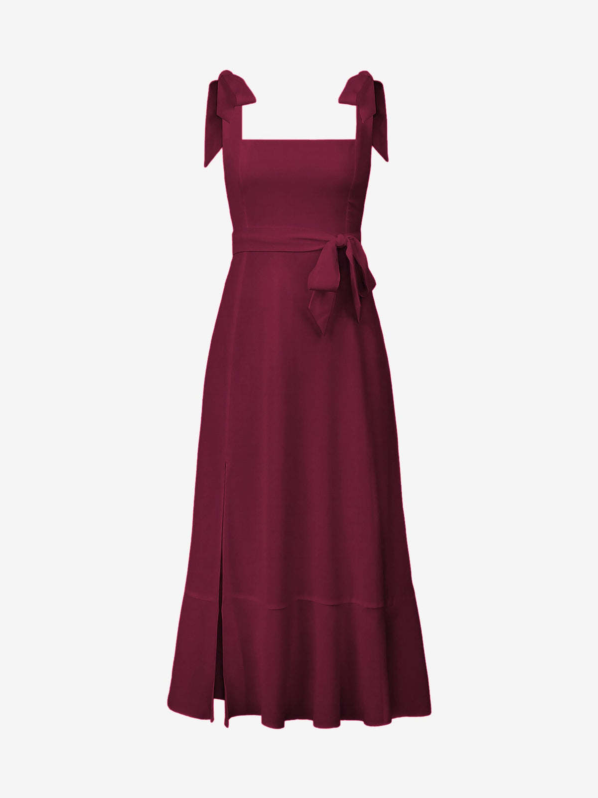 Bow Lace-Up Belted Slit Ruffled Sleeveless Midi Dress