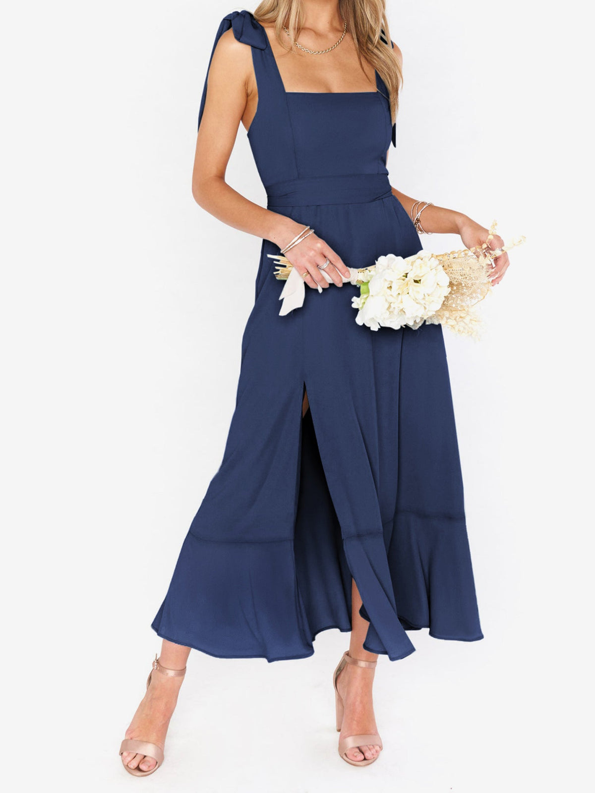 Bow Lace-Up Belted Slit Ruffled Sleeveless Midi Dress