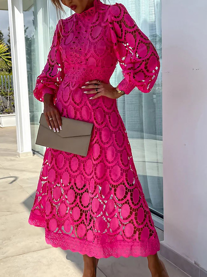 Elegant Boho Eyelet Mock Neck Long Sleeves Evening Maxi Dress