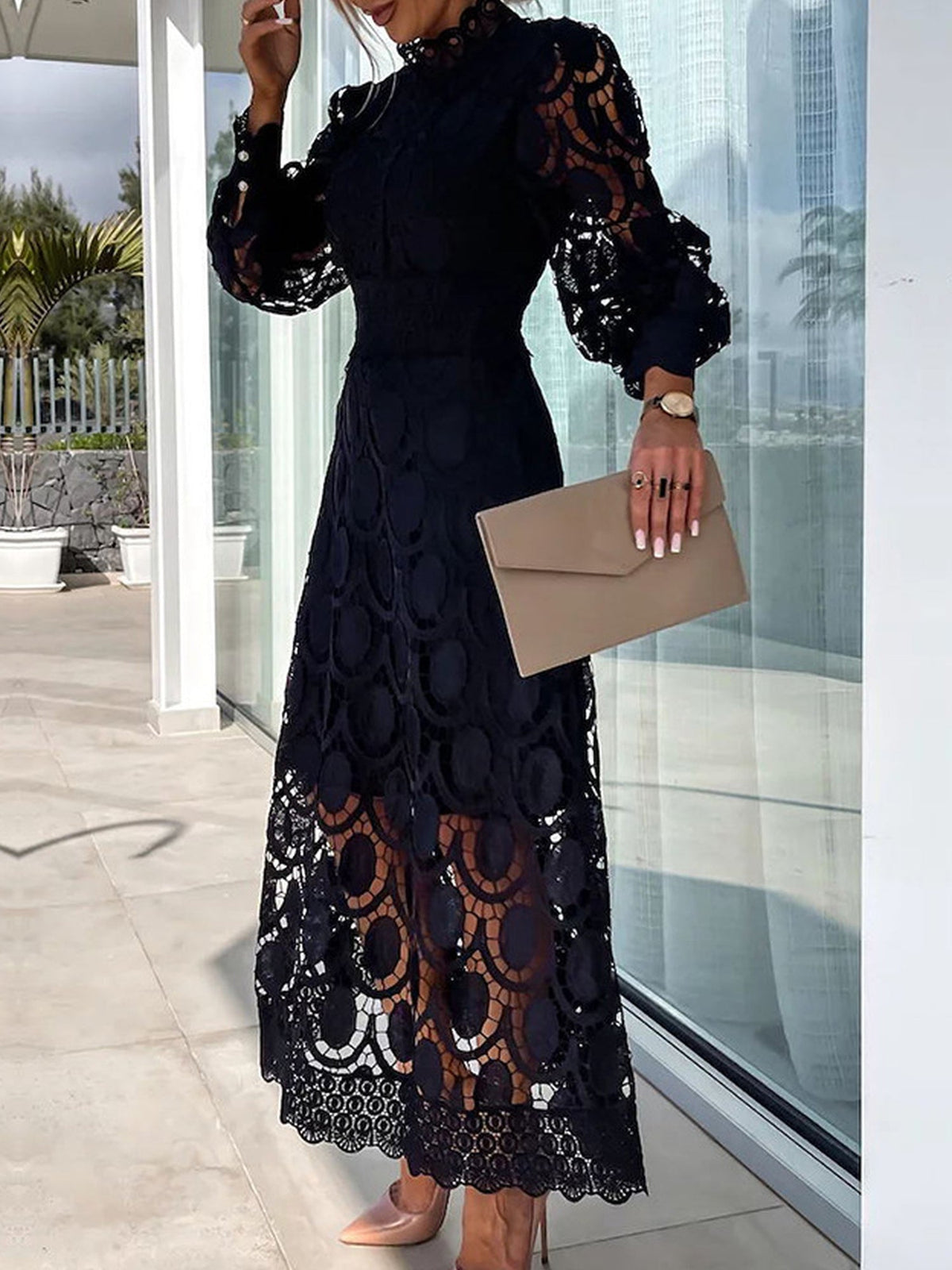 Elegant Boho Eyelet Mock Neck Long Sleeves Evening Maxi Dress