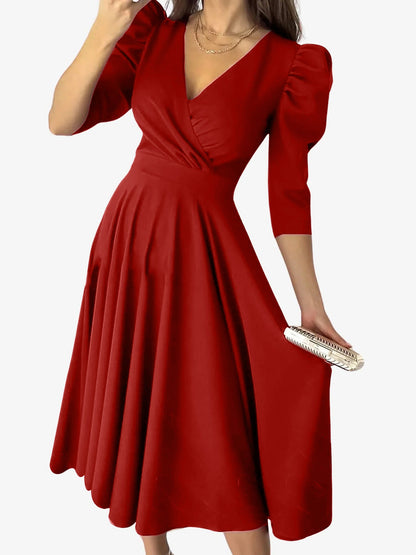 Solid Color V-Neck Puff Sleeve A-Line Midi Dress