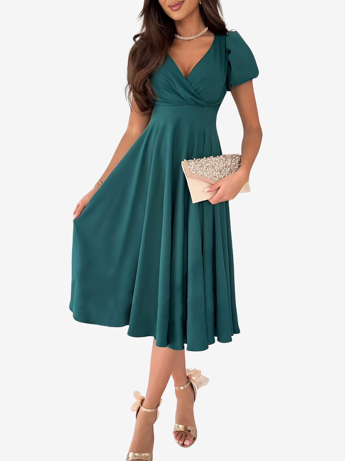 Versatile Crewneck Solid Color V Neck Puff Short Sleeve Midi Dress with Elastic Waist