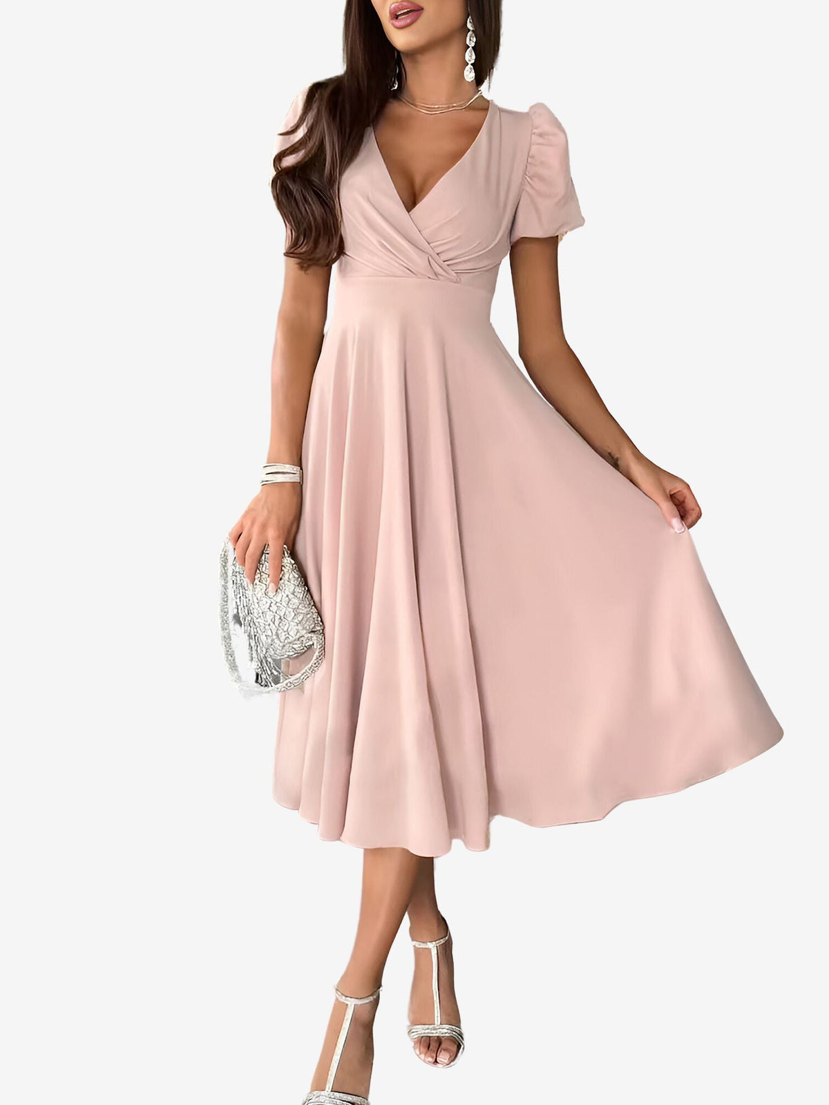 Versatile Crewneck Solid Color V Neck Puff Short Sleeve Midi Dress with Elastic Waist
