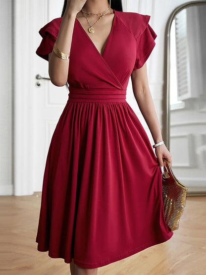 Breathable Cotton Blend Solid Color V Neck Ruffled Sleeve Midi Date Nights & Garden Parties Dress