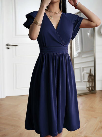 Breathable Cotton Blend Solid Color V Neck Ruffled Sleeve Midi Date Nights & Garden Parties Dress