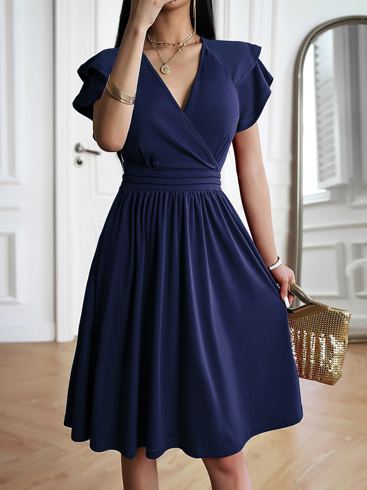 Breathable Cotton Blend Solid Color V Neck Ruffled Sleeve Midi Date Nights & Garden Parties Dress