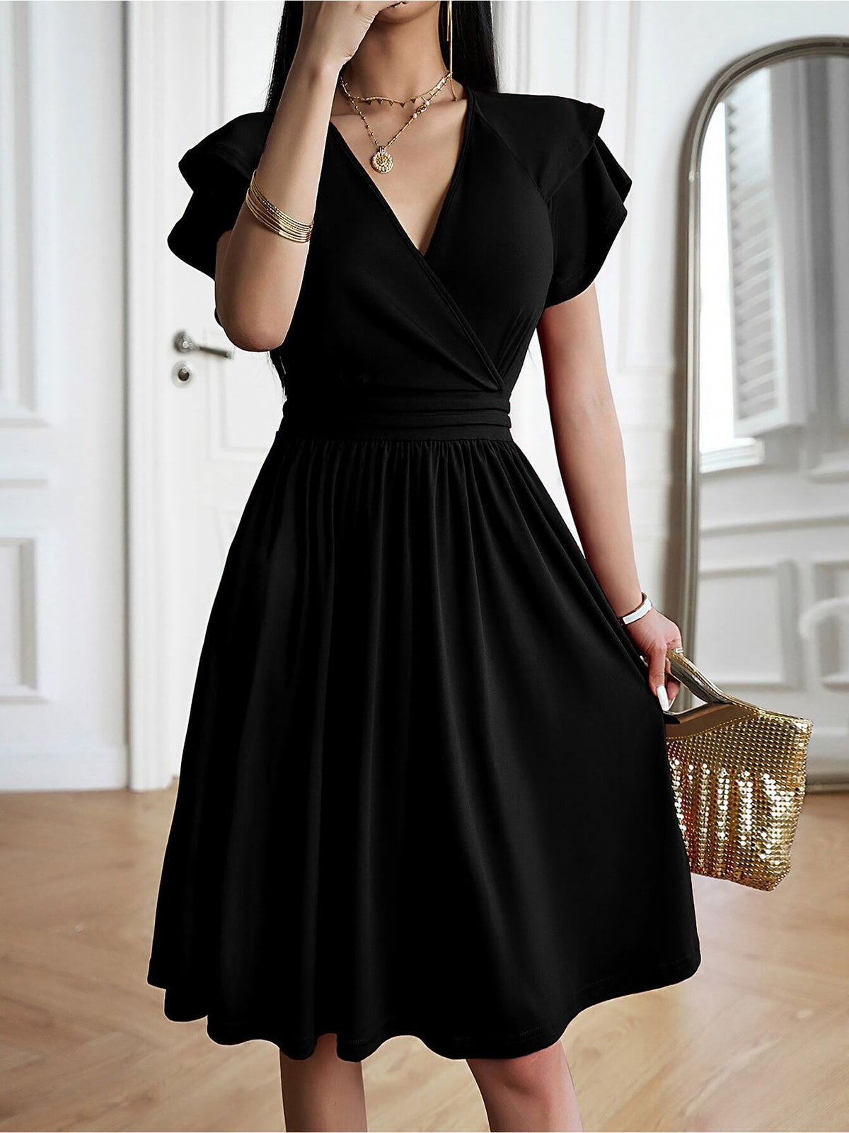 Breathable Cotton Blend Solid Color V Neck Ruffled Sleeve Midi Date Nights & Garden Parties Dress