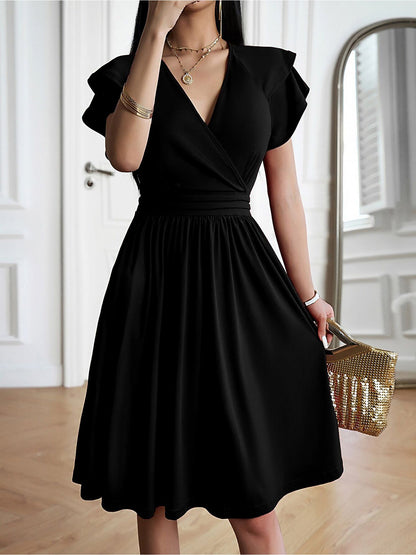 Breathable Cotton Blend Solid Color V Neck Ruffled Sleeve Midi Date Nights & Garden Parties Dress