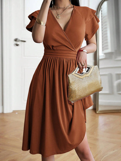 Breathable Cotton Blend Solid Color V Neck Ruffled Sleeve Midi Date Nights & Garden Parties Dress