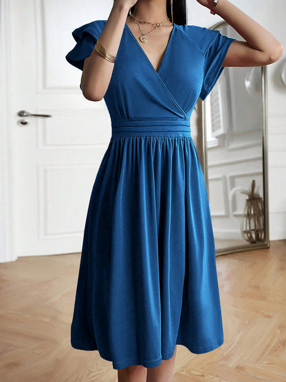 Breathable Cotton Blend Solid Color V Neck Ruffled Sleeve Midi Date Nights & Garden Parties Dress