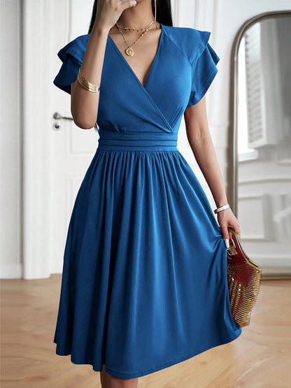 Breathable Cotton Blend Solid Color V Neck Ruffled Sleeve Midi Date Nights & Garden Parties Dress