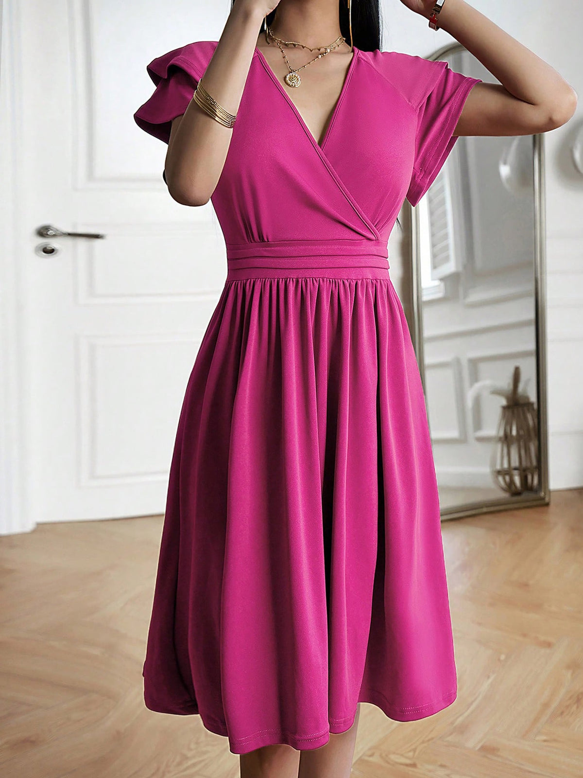 Breathable Cotton Blend Solid Color V Neck Ruffled Sleeve Midi Date Nights & Garden Parties Dress