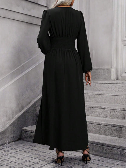 Solid Color V Neck Lantern Sleeves Slit Midi Dress