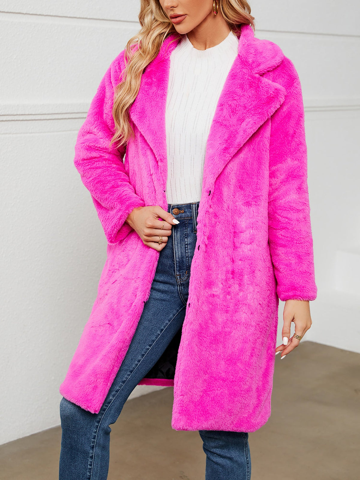 Faux Fur Notched Lapel Long Sleeves Mid-Length Coat