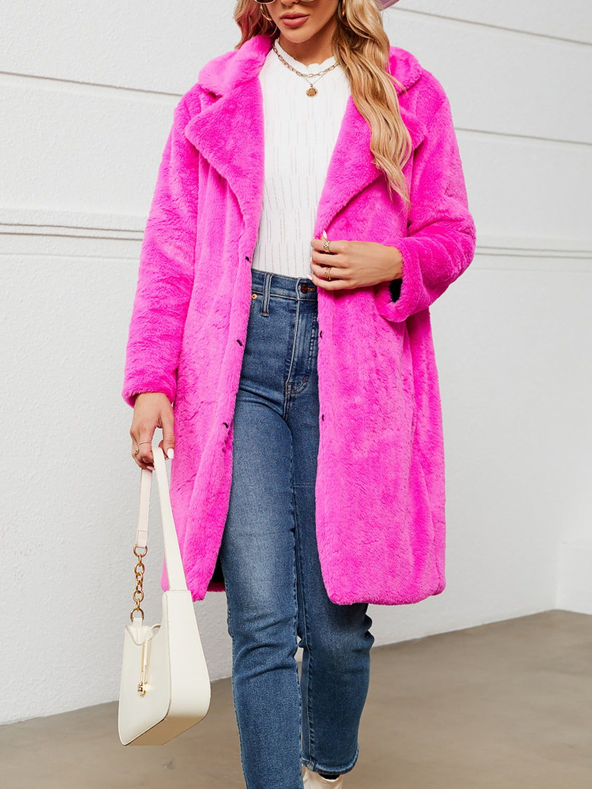 Faux Fur Notched Lapel Long Sleeves Mid-Length Coat