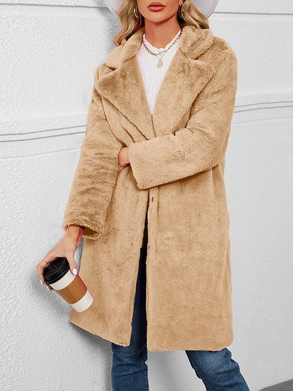 Faux Fur Notched Lapel Long Sleeves Mid-Length Coat
