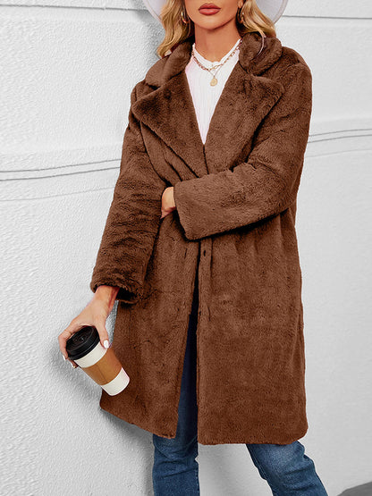 Faux Fur Notched Lapel Long Sleeves Mid-Length Coat