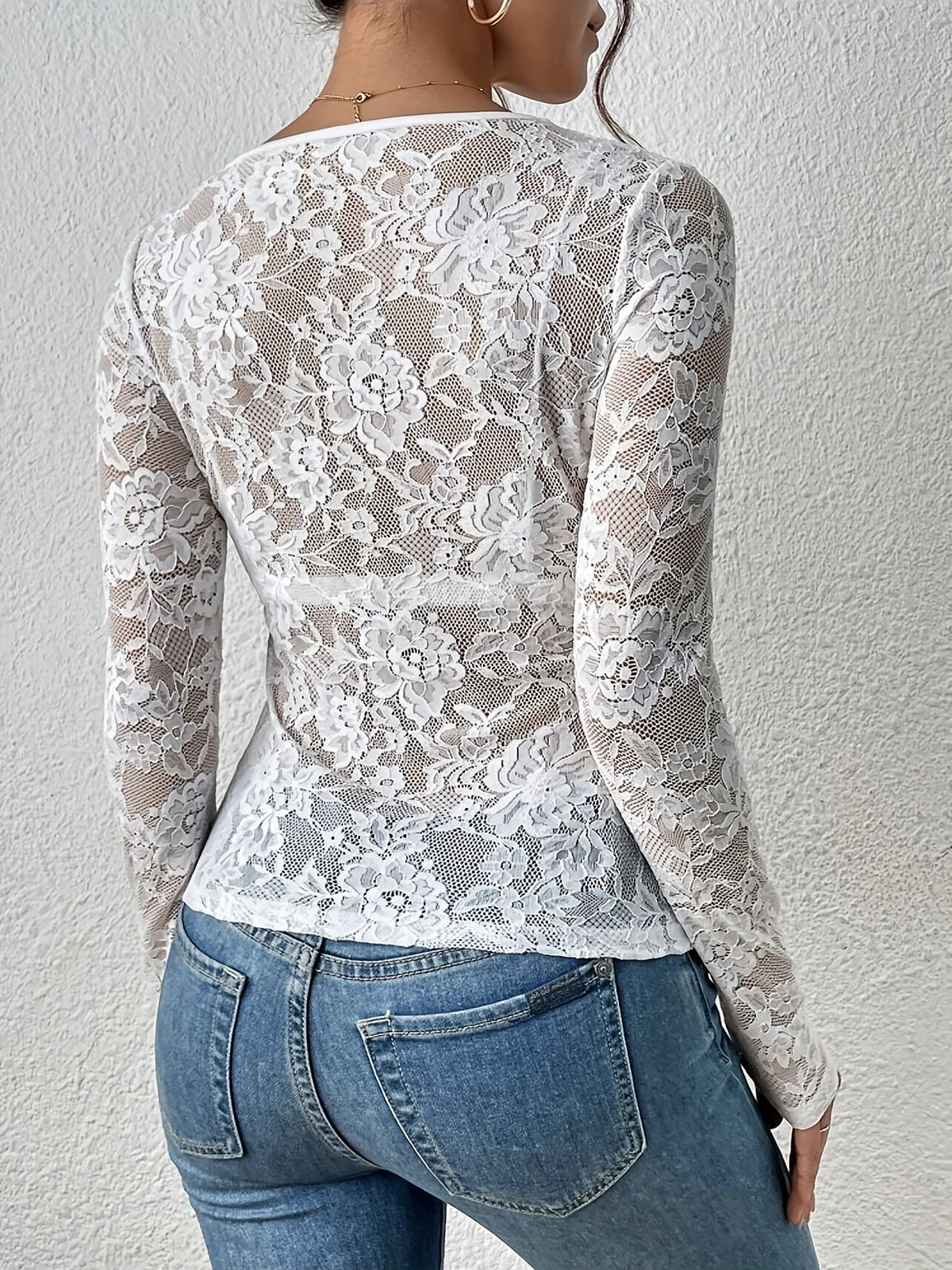 Premium Embroidered Lace Sheer Solid Color Long Sleeves Party Blouse with Elegant Back Detail