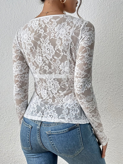 Premium Embroidered Lace Sheer Solid Color Long Sleeves Party Blouse with Elegant Back Detail