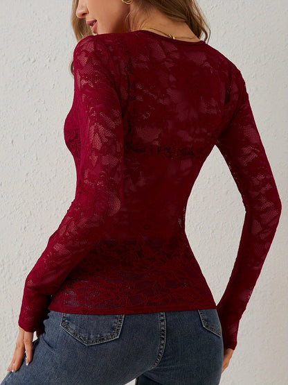 Premium Embroidered Lace Sheer Solid Color Long Sleeves Party Blouse with Elegant Back Detail