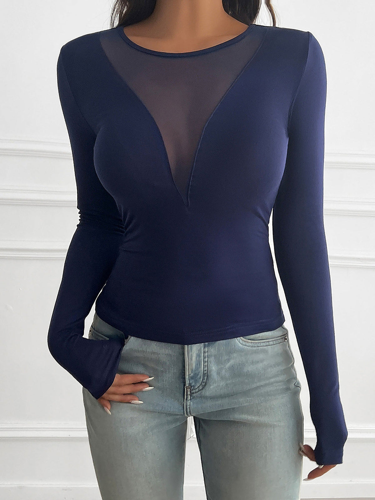 Breathable Nylon Round Neck Mesh Sheer Long Sleeves Blouse