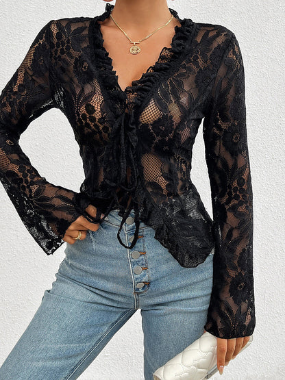 Elegant Ruffled Floral Lace Sheer Long Sleeves Lace-Up Bow Transparent Mesh Blouse