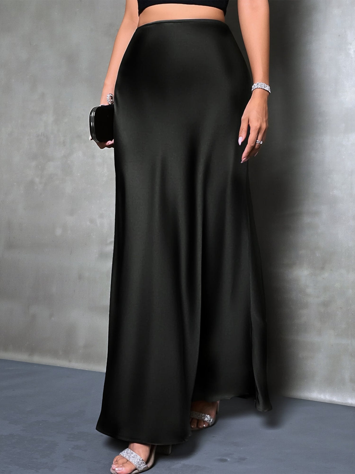 High-Waisted Flared Hem Satin Solid Color Fishtail Elegant Maxi Skirt for Women