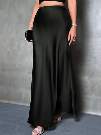 High-Waisted Flared Hem Satin Solid Color Fishtail Elegant Maxi Skirt for Women