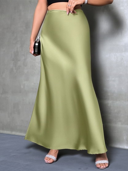 High-Waisted Flared Hem Satin Solid Color Fishtail Elegant Maxi Skirt for Women