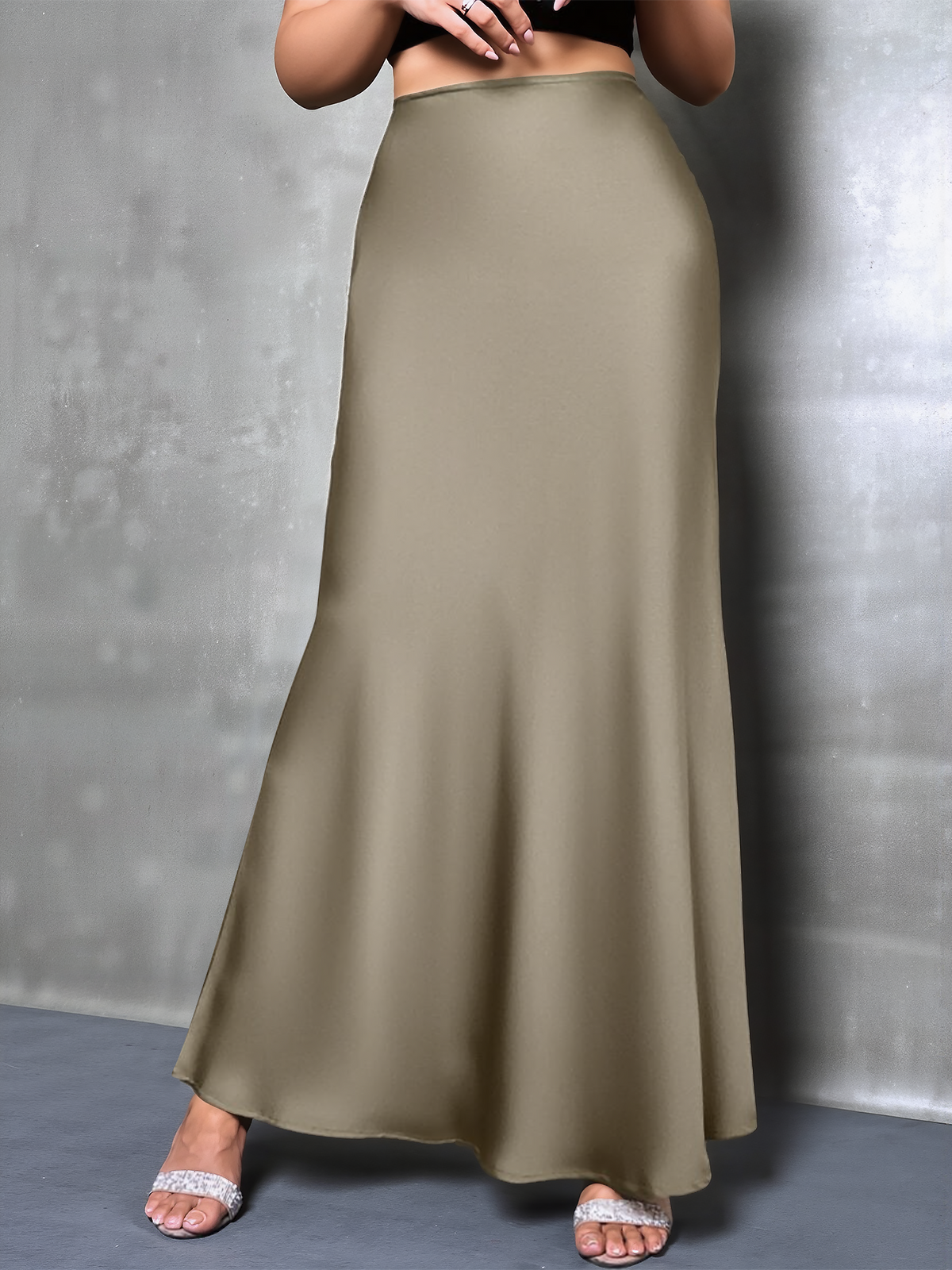 High-Waisted Flared Hem Satin Solid Color Fishtail Elegant Maxi Skirt for Women