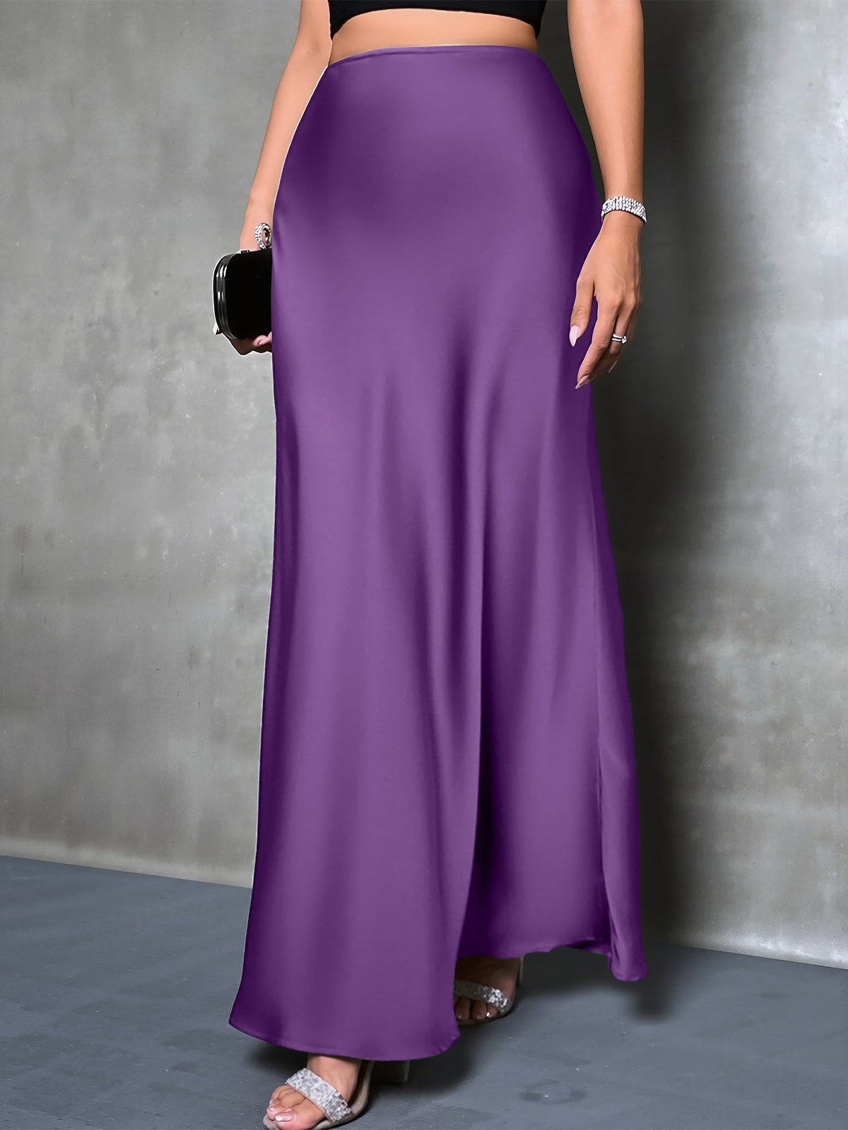 High-Waisted Flared Hem Satin Solid Color Fishtail Elegant Maxi Skirt for Women