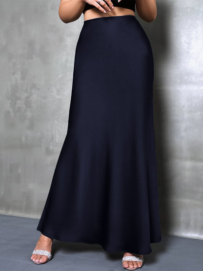 High-Waisted Flared Hem Satin Solid Color Fishtail Elegant Maxi Skirt for Women