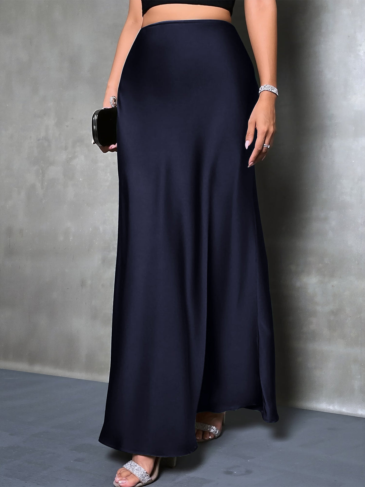 High-Waisted Flared Hem Satin Solid Color Fishtail Elegant Maxi Skirt for Women