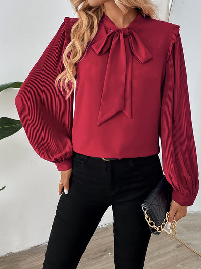 Pleated Long Sleeves Bow Tie Solid Color Blouse