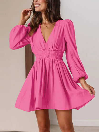 V Neck Puff Long Sleeves Ruched Mini Dress