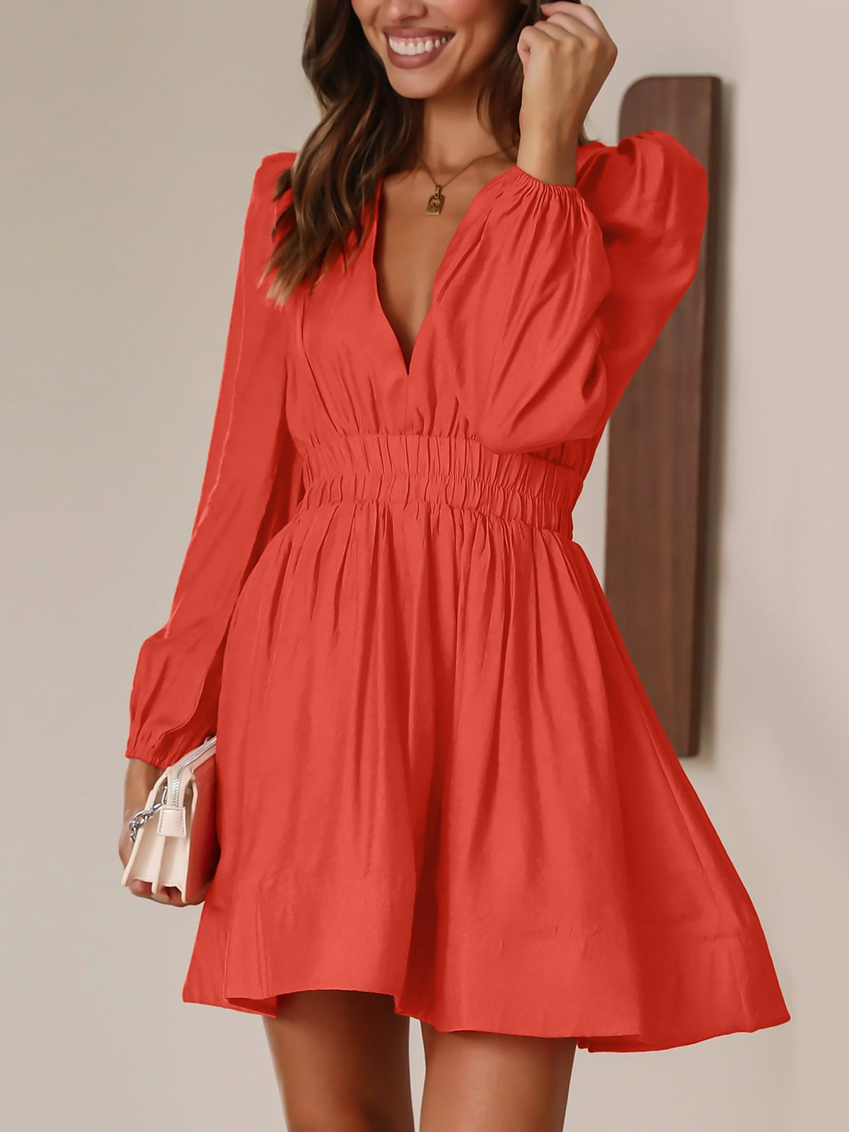 V Neck Puff Long Sleeves Ruched Mini Dress