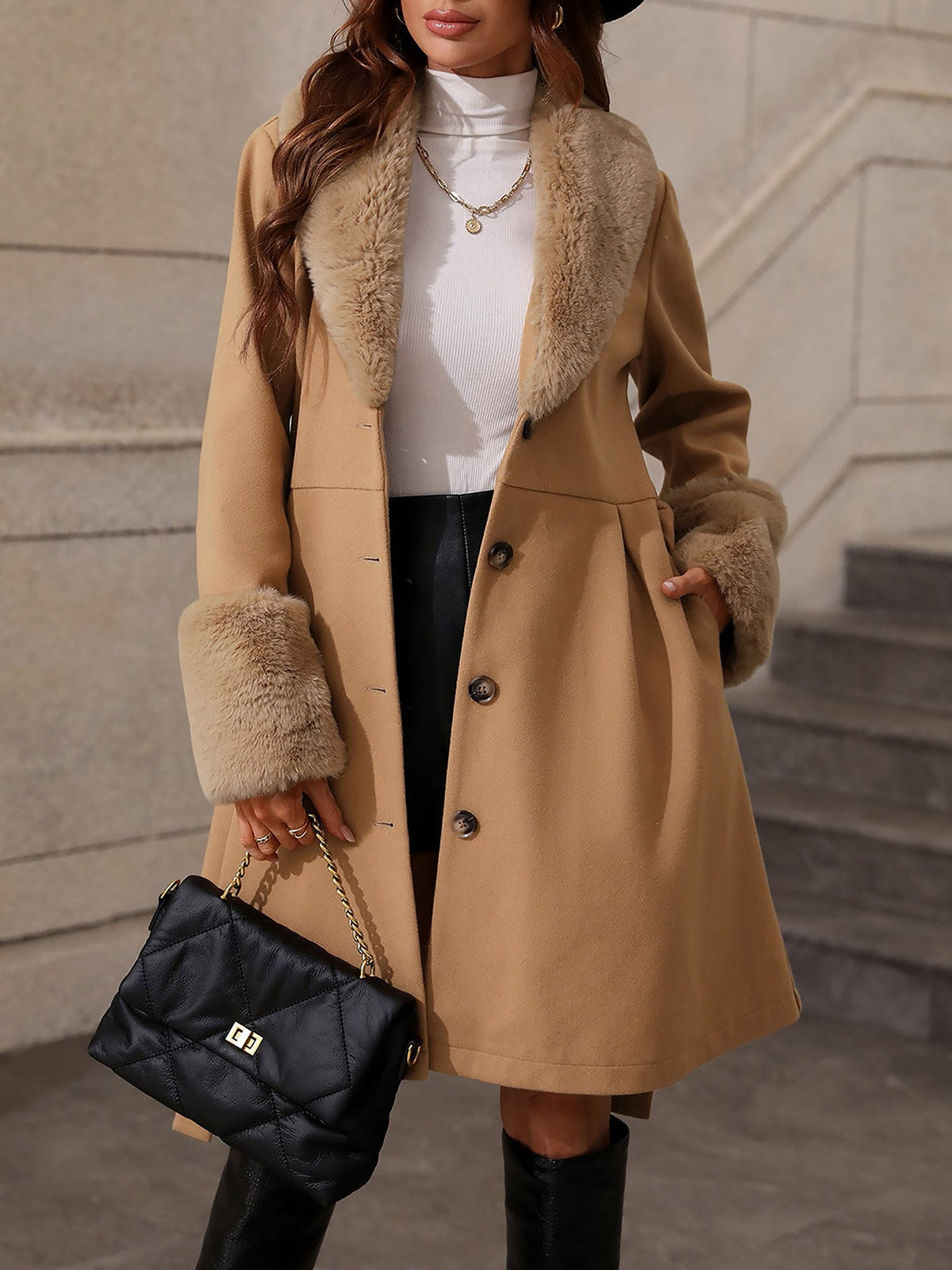 Faux Fur Patchwork Belted A-Line Pea Coat