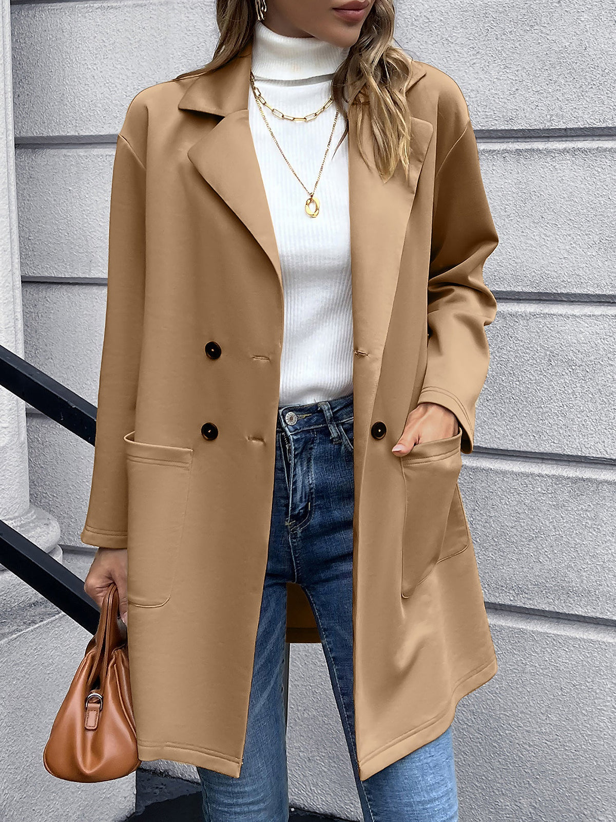 Solid Color Double-Breasted Mid-Length Jacket