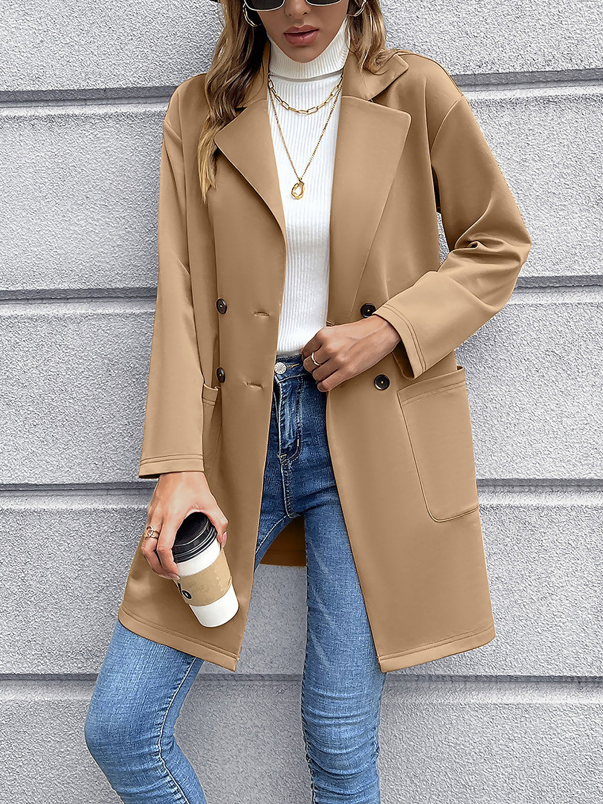 Solid Color Double-Breasted Mid-Length Jacket