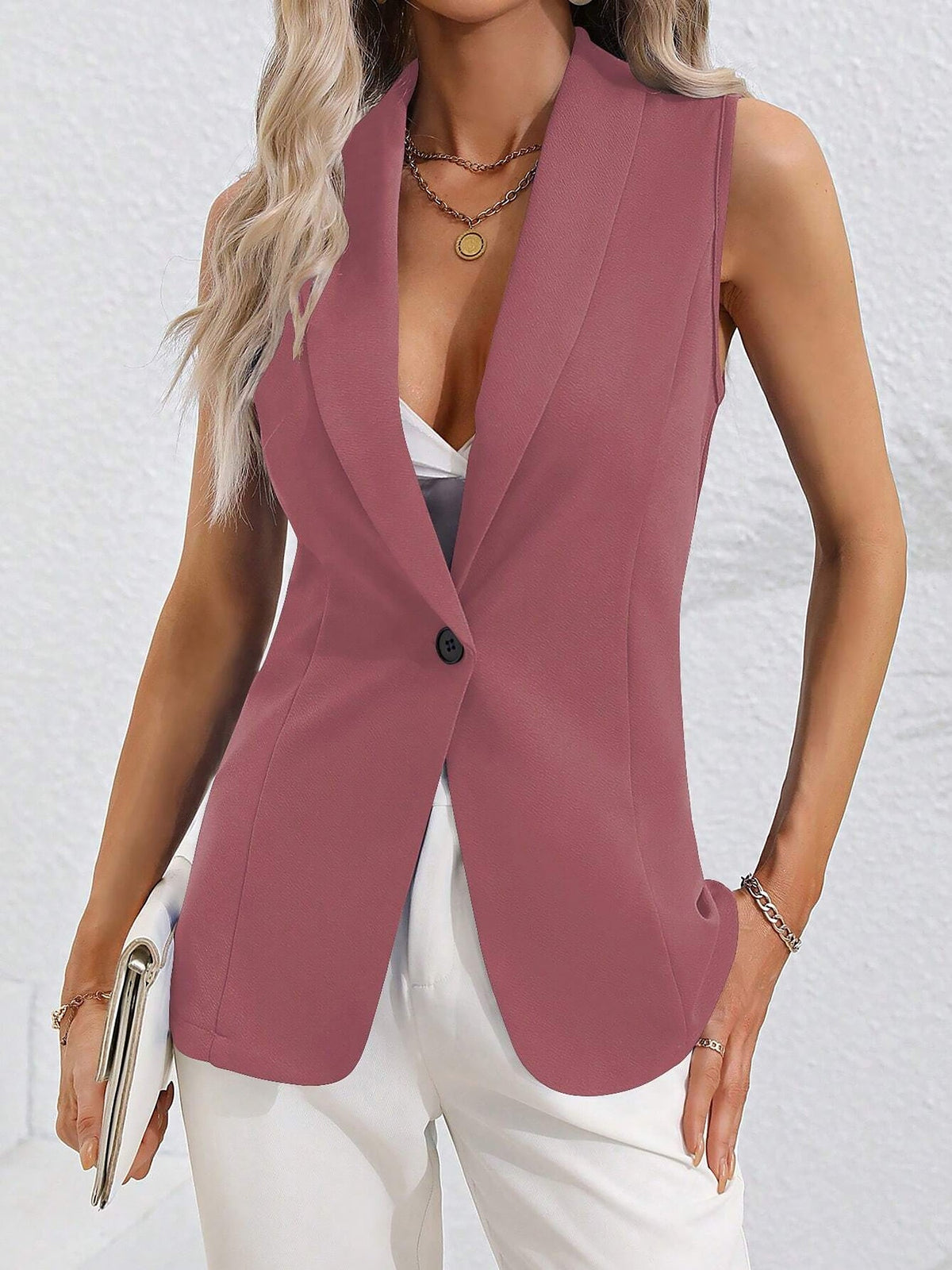 Slim Fit Tailored Shawl Collar Single Button Sleeveless Vest